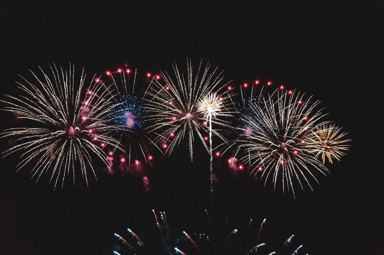 Wide shot of the main pyromusical fireworks show